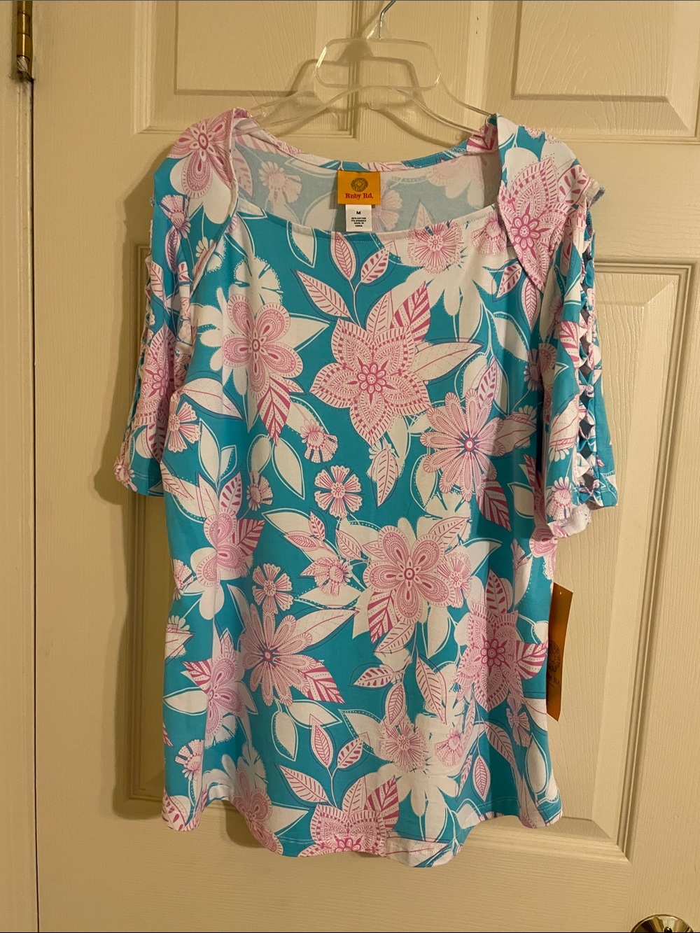Ruby Rd. Turquoise & Pink Floral Cold-Shoulder Tunic Top
